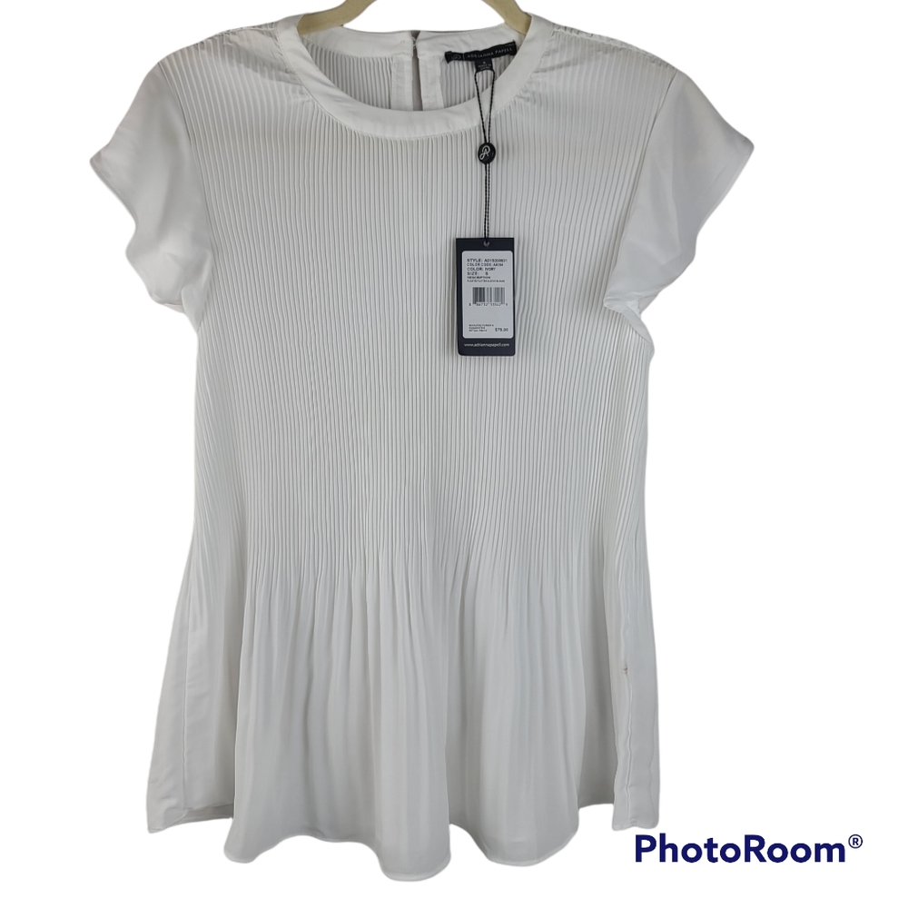 NWT Adrianna Papell White Flutter Sleeve Pleated Blouse Women's Small Crewneck